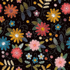 Wall Mural - embroidery seamless pattern. beautiful summer flowers. decorative floral ornament. bright colorful e