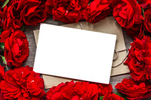 Valentines Day Background. Blank Greeting Card In Frame Made Of Red Roses Flowers
