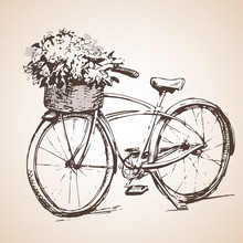 Bike With Big Bunch Of Flowers. Sketch.