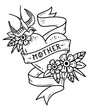 Isolated tattoo heart with ribbon, swallow, flowers and word Mother. Black and white illustration for Mother Day.