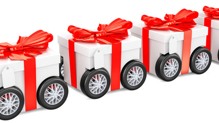 Poster - row from gift boxes on wheels, fast gift delivery concept. 3d rendering