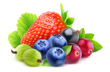 Isolated fresh berries. Pile of strawberry, blueberries, cranberries, gooseberries and black currant with leaves isolated on white background with clipping path