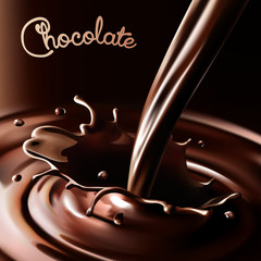 Realistic splash flowing chocolate or cocoa on a dark background. Isolated vector design elements