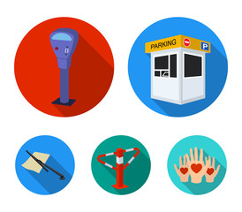 A parking lot, a parking meter, a check for services, a barrier. Parking zone set collection icons in flat style vector symbol stock illustration web.