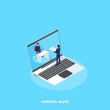 man in a business suit working remotely on his laptop, isometric image