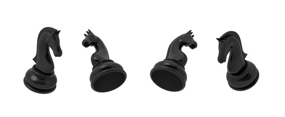 Poster - 3d rendering of a black chess knight piece in four different angled views on a white background.