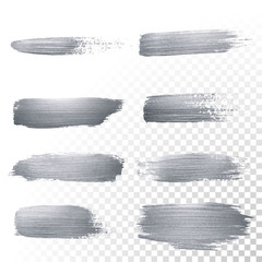 Wall Mural - Silver glitter paint brush strokes set or abstract dab smear with smudge texture on transparent background. Vector isolated set of glittering silver paint ink splash for luxury cosmetic design