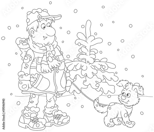 Winter Walk With A Dog A Man Wearing Warm Clothes And Walking Over Snow With His Funny Pup A Black And White Vector Illustration In Cartoon Style For A Coloring Book Stock dog a man wearing warm clothes