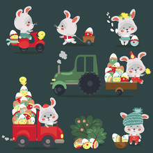 Set Of Easter Bunny Drive Car With Truck, Decorated Eggs Hunter Holding Full Basket, Cute White Rabbit Auto Driver Hunting, Happy Holiday Vector Greeting Card, Spring Hare Isolated Illustration