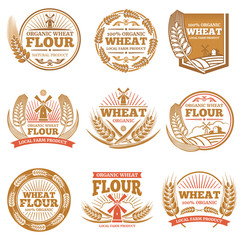 Wall Mural - Organic wheat flour, farming grain products vector labels and logos