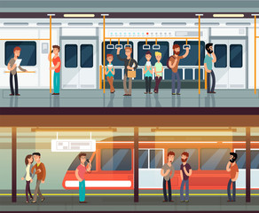 Poster - Subway inside with people man and waman. Metro platform and train interior. Urban metro vector concept