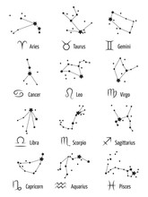 Zodiac Signs Horoscope Symbols Astrology Icons - Stars Zodiacal Constellations Isolated On White Background