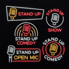 Poster - stand up comedy bright neon vector signs