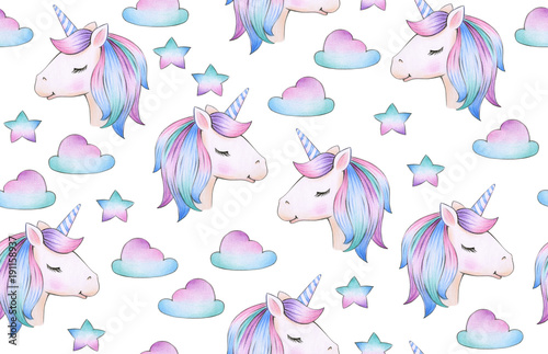 Cuadros en Lienzo Cute, magic unicorn seamless pattern, isolated on white.
