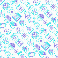 Psychologist seamless pattern with thin line icons: psychiatrist, disease history, armchair, pendulum, antidepressants, psychological support. Vector illustration.