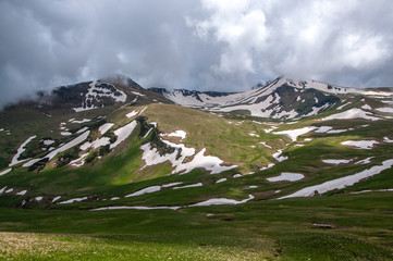 Wall Mural - The mountains in June. The clouds on the ground.