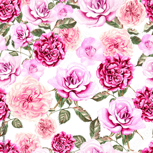 Beautiful watercolor pattern with flowers rose and peony.