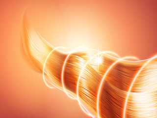 Aufkleber - Hair with glittering effect. Bright sparkling curls. Radial light waves. Protection or barrier. Theme of care or hair dye. Advertising of cosmetics. Vector realistic 3d illustration.