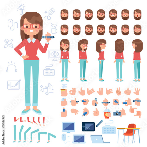 Front Side Back View Animated Character Girl Designer Character
