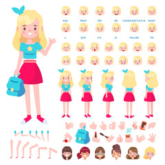 Front, side, back view animated character. Teenage girl character creation set with various views, hairstyles, face emotions, poses and gestures. Cartoon style, flat vector illustration.