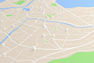 Poster - 3d rendered top view of city map with road building river 3d illustration