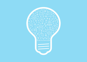 Poster - Business innovation vector symbol filled with small icons isolated on light blue background.
