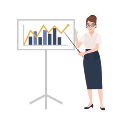 Aufkleber - Woman dressed in business clothes holding pointer and standing beside whiteboard with bar chart and linear graph on it. Businesswoman making presentation. Colorful cartoon flat vector illustration.