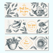 Tea shop banner set. Horizontal banner collection for tea design. Linear graphic. Vector illustration.
