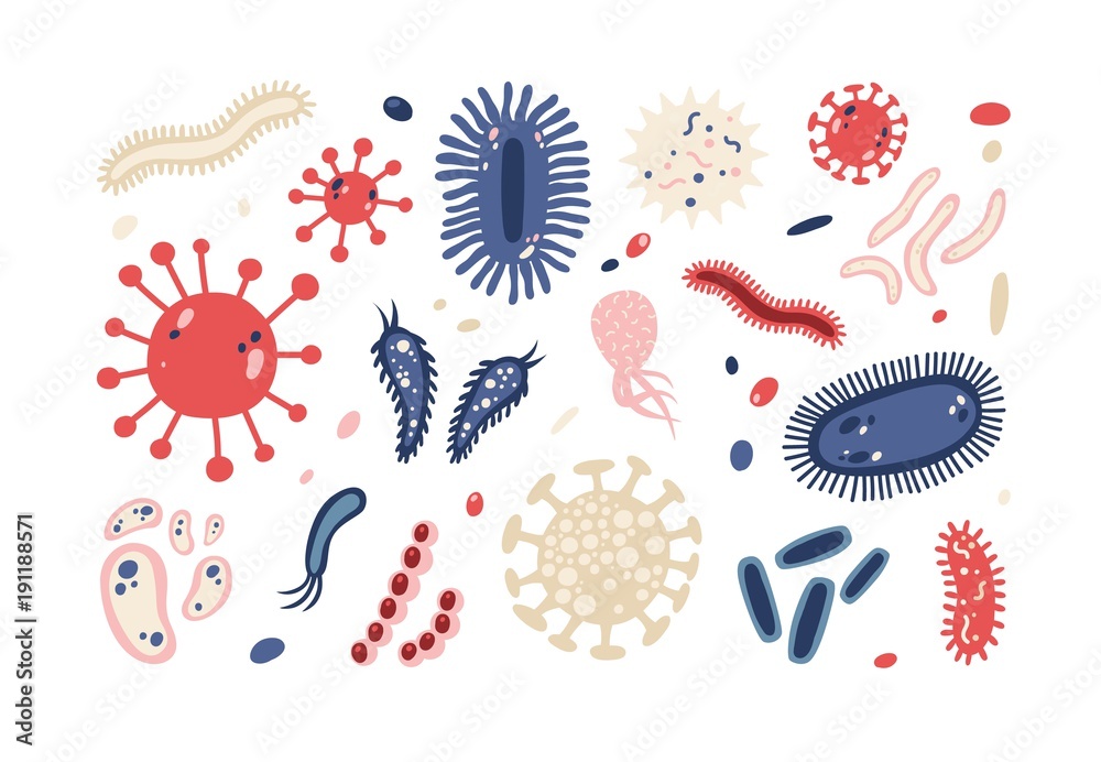 Set of different microorganisms isolated on white background. Collection of infectious germs, protists, microbes. Bundle of disease causing bacteria, viruses. Bright colored flat vector illustration. - obrazy, fototapety, plakaty 