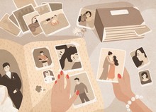 Woman's Hands Holding Old Photographs, Sorting Them Out And Attaching To Pages Of Photographic Album Or Photo Book. Keeping In Order Pictures With Family Memories. Colored Cartoon Vector Illustration.