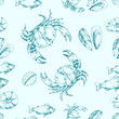 Seafood seamless pattern. Fish, shrimp, oyster, crab vector illustration. Engraved style image. Hand drawn design