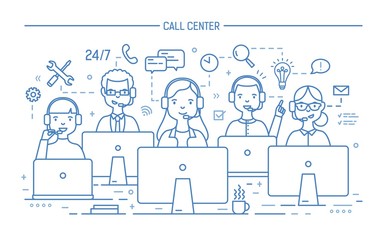 Poster - Smiling online advisors wearing headphones with microphones sitting at computer screens and answering questions. 24 hour technical support service. Monochrome vector illustration in line art style.