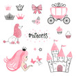 Set of Princess world design elements isolated on white. Vector illustration.