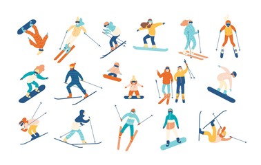 Adult people and children dressed in winter clothing snowboarding and skiing. Male and female cartoon ski and snowboard riders. Winter mountain sports activity. Vector illustration in flat style.