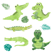 Set Of Watercolor Cartoon Crocodiles. Vector Illustration Of Alligators.