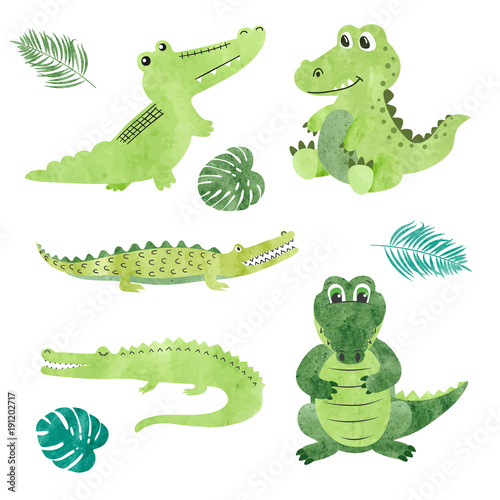 Photographie Set of watercolor cartoon crocodiles