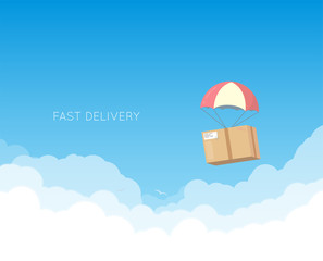 Cardboard with parachute flying down in the sky with white clouds. Delivery concept banner. Text on background. Gift or present box.