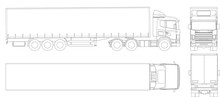 Vector Truck Trailer Outline. Commercial Vehicle. Cargo Delivering Vehicle. View From Side, Front, Back, Top.