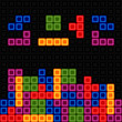 Tetris pieces. Brick retro game on dark background. Vector template
