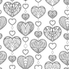 Wall Mural - Seamless pattern with hearts ornament. Decorative pattern in zentangle style. Adult antistress coloring page. Black and white hand drawn doodle for coloring book