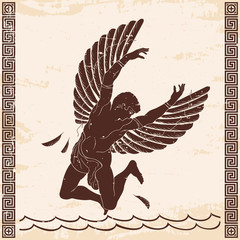 Wall Mural - The hero of the ancient Greek myth Icarus with wings falls into the ocean. Old beige paper with national ornament and the aging effect.