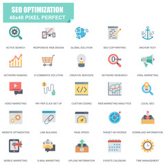 Leinwandbilder - Simple Set of SEO Optimization Related Vector Flat Icons. Contains such Icons as Active Search, Video Marketing, Creative Services, Page Speed and more. Editable Stroke. 48x48 Pixel Perfect.