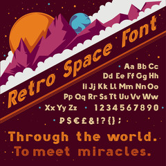 Fototapete - Vector retro space font. Vintage cosmic typographic alphabet for poster text, typescript, typeface design. Galaxy style letter, number, headline title decoration symbols on fantastic planet background