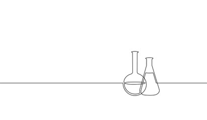 Single continuous line art chemical science flask. Scientific technology research medicine glass equipment design one sketch outline drawing vector illustration