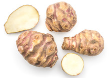 Three Jerusalem Artichoke Tubers With Two Halves Isolated On White Background Sweet Crisp Topinambur Top View.