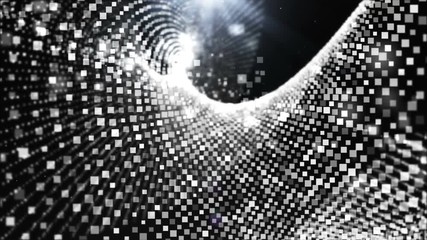 Animation, motion dark digital abstract background with square white moving and flicker twisted particle strings. abstract background beautiful glowing concept form. 
