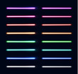 Neon light tubes set. Colorful glowing stripes collection isolated on dark blue background. Luminous elements for game design. Futuristic vector illustration. EPS 10