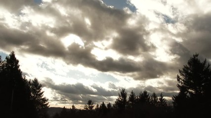 Wall Mural - One hour passes as sun shines through clouds above forest trees with sky becoming more clearer near sunset.