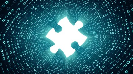 White puzzle piece form cyan binary tunnel on cyan background. Cloud technology concept. Seamless loop. More icons and color options available in my portfolio.