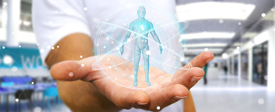Businessman using digital x-ray human body scan interface 3D rendering